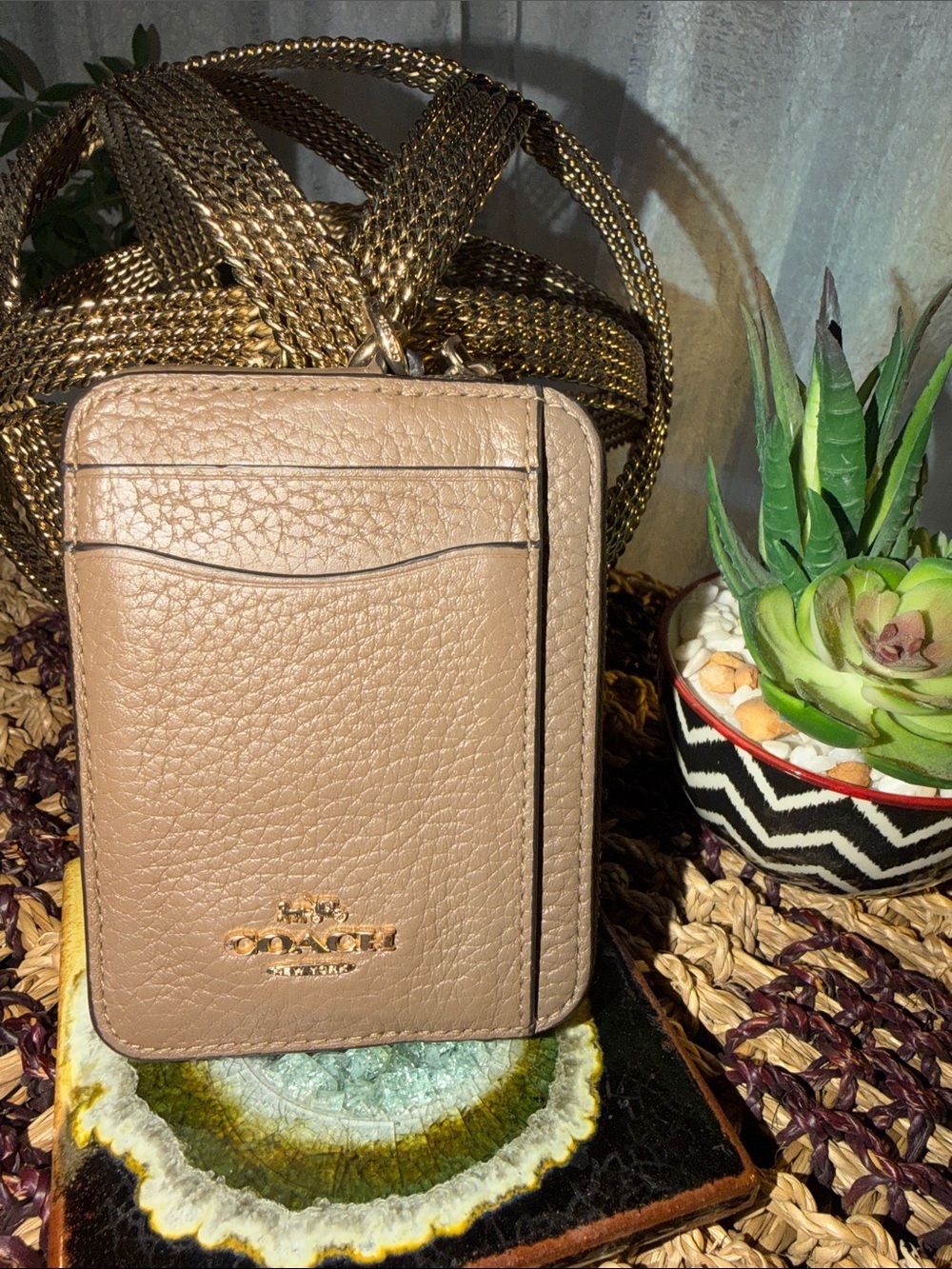 Coach Taupe Leather Card Holder with Gold Chain